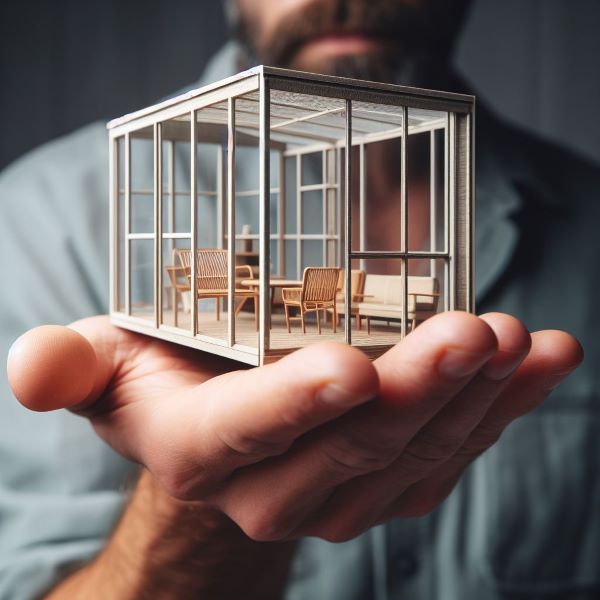 Närbild av en hand som försiktigt håller en detaljerad 3D-modell av ett modernt, minimalistiskt uterum med miniatyrmöbler. | Mekoflex Uterum