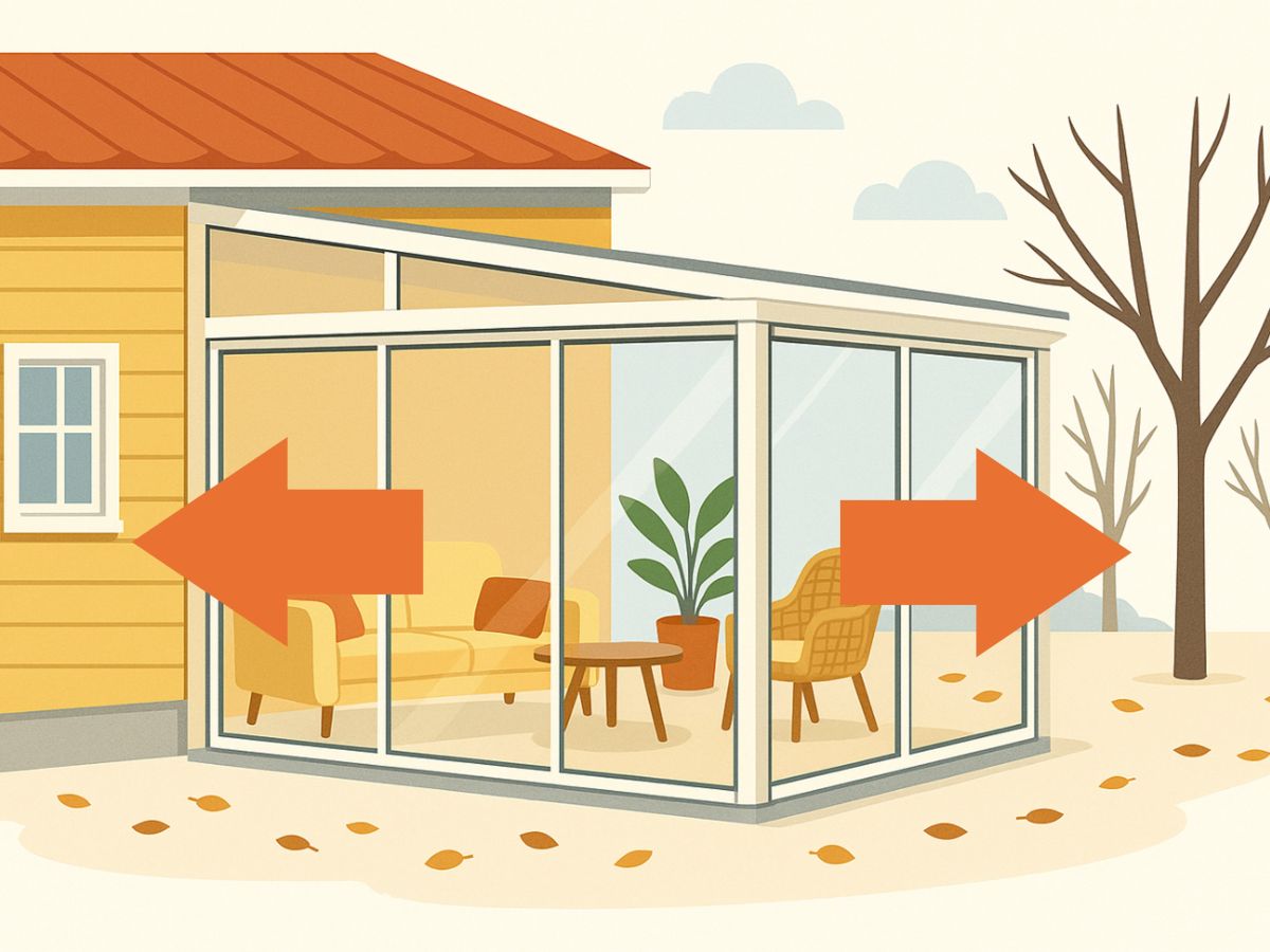 Illustration av ett modernt uterum i glas anslutet till en villa i höstmiljö. Tydliga pilar visar hur värme försvinner ut genom de stora glaspartierna, vilket illustrerar värmeförlusten som energikalkylatorn räknar ut. | Mekoflex Uterum