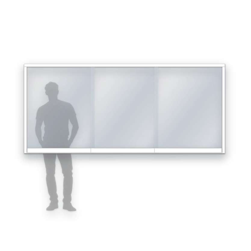 Schematisk bild av Panorama M20 glasparti, skjutparti med 3 skjutfönster, 10 mm härdat glas, vit, bredd 2700 mm, höjd 1200 mm, skålhandtag - insida & utsida, låsvred insida - Mekoflex Uterum