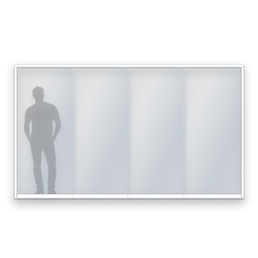 Schematisk bild av Panorama M20 glasparti, skjutparti med 4 skjutdörrar, 10 mm härdat glas, vit, bredd 3200 mm, höjd 2000 mm, skålhandtag - insida & utsida, låsvred insida - Mekoflex Uterum