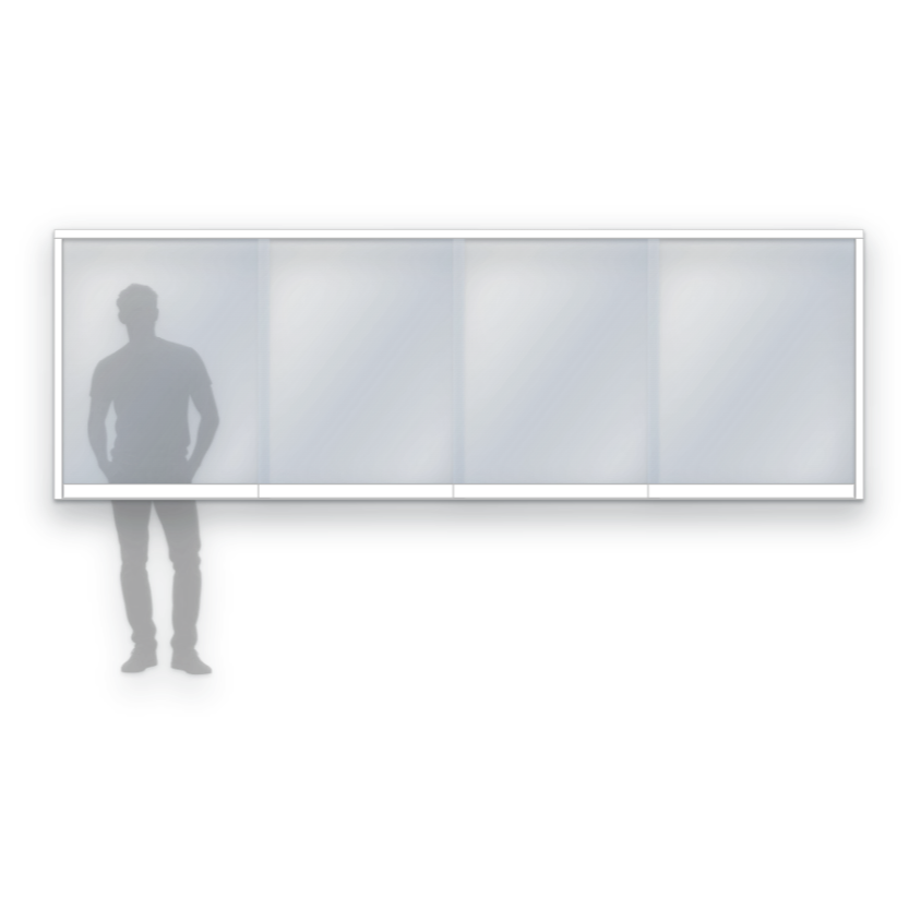 Schematisk bild av Panorama M20 glasparti, skjutparti med 4 skjutfönster, 10 mm härdat glas, vit, bredd 3600 mm, höjd 1200 mm, skålhandtag - insida & utsida, låsvred insida - Mekoflex Uterum
