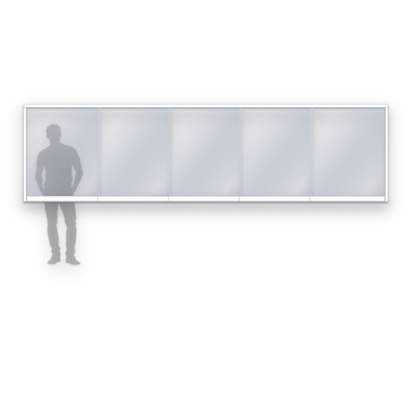 Schematisk bild av Panorama M20 glasparti, skjutparti med 5 skjutfönster, 10 mm härdat glas, vit, bredd 4500 mm, höjd 1200 mm, skålhandtag - insida & utsida, låsvred insida - Mekoflex Uterum