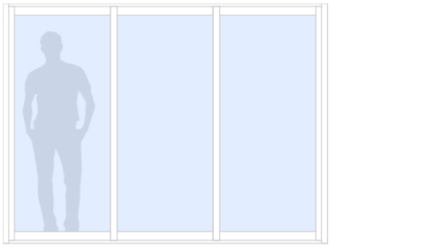 Schematisk bild av Vinter M90 måttanpassat glasparti, skjutparti med 3 skjutdörrar, 28 mm isolerglas, 2-glas härdat energiglas/argon, bruten köldbrygga, antracitgrå, bredd 2400 mm, höjd 2000 mm, handtag insida & utsida, låsvred insida - Mekoflex Uterum