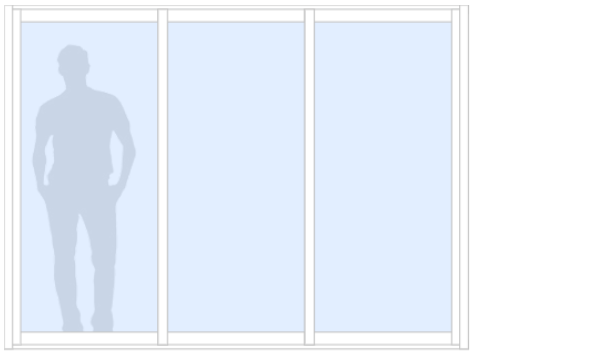 Schematisk bild av Vinter M90 måttanpassat glasparti, skjutparti med 3 skjutdörrar, 28 mm isolerglas, 2-glas härdat energiglas/argon, bruten köldbrygga, vit, bredd 2700 mm, höjd 2000 mm, handtag insida & utsida, låsvred insida - Mekoflex Uterum