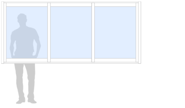 Schematisk bild för Vinter M90 måttanpassat glasparti, skjutparti med 3 skjutfönster, 28 mm isolerglas, 2-glas härdat energiglas/argon, bruten köldbrygga, vit, bredd 2500 mm, höjd 1200 mm, handtag insida, låsvred insida | Mekoflex Uterum