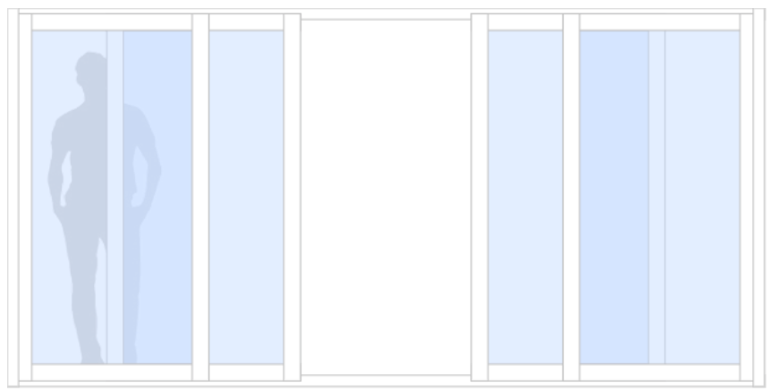 Schematisk bild för Fasad M100 måttanpassat fasadparti, skjutparti med 2 skjutdörrar + 2 fasta delar, 44 mm isolerglas, 2-glas härdat energiglas/argon, brutna köldbryggor, mötesparti, vit, bredd 3600 mm, höjd 2000 mm, vridhandtag+nyckel/infällt handtag | Mekoflex Uterum