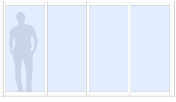 Schematisk bild för Vinter M90 måttanpassat glasparti, skjutparti med 4 skjutdörrar, 28 mm isolerglas, 2-glas härdat energiglas/argon, bruten köldbrygga, vit, höjd 2000 mm, bredd 3600 mm, låsvred/slät | Mekoflex Uterum