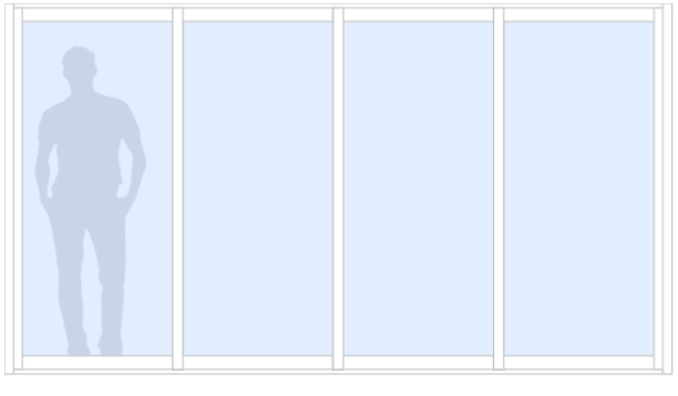 Schematisk bild av Vinter M90 måttanpassat glasparti, skjutparti med 4 skjutdörrar, 28 mm isolerglas, 2-glas härdat energiglas/argon, bruten köldbrygga, vit, bredd 3600 mm, höjd 2000 mm, handtag insida & utsida, låsvred insida - Mekoflex Uterum