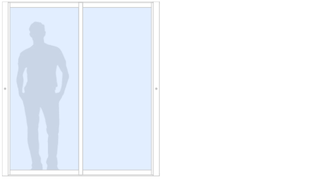 Schematisk bild av Sommar M45 glasparti, skjutparti med 2 skjutdörrar, härdat glas, vit, höjd 2000 mm, bredd 1800 mm, integrerade handtag - insida & utsida - Mekoflex Uterum