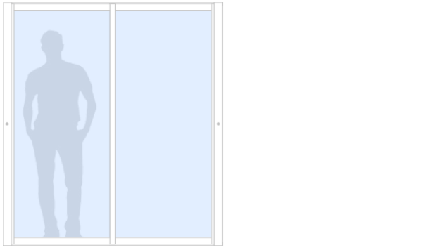 Schematisk bild av Vår/Höst M70 måttanpassat glasparti, skjutparti med 2 skjutdörrar, 20 mm isolerglas, 2-glas härdat glas/argon, vit, mellanglasspröjs, bredd 1800 mm, höjd 2000 mm, integrerade handtag - insida & utsida, låsvred insida - Mekoflex Uterum