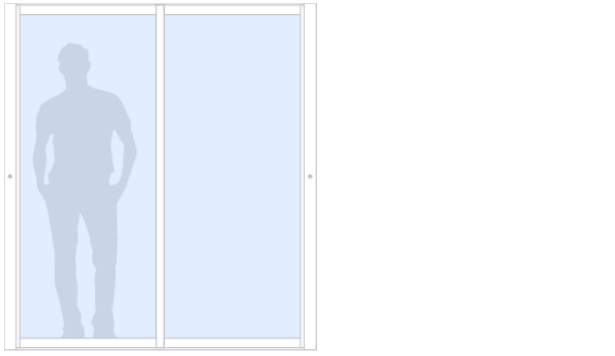 Schematisk bild för Sommar M50 måttanpassat glasparti, skjutparti med 2 skjutdörrar, härdat glas, vit, bredd 1500 mm, höjd 2000 mm, integrerade handtag - insida & utsida | Mekoflex Uterum