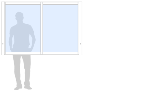 Schematisk bild av Sommar M50 måttanpassat glasparti, skjutparti med 2 skjutfönster, härdat glas, vit, höjd 1400 mm, bredd 1650 mm, integrerade handtag - insida & utsida - Mekoflex Uterum