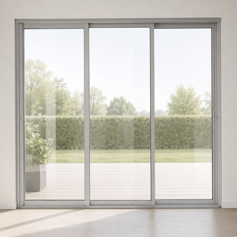 Schematisk bild av Vår/Höst M70 måttanpassat glasparti, skjutparti med 3 skjutdörrar, 20 mm isolerglas, 2-glas härdat energiglas/argon, vit, bredd 2973 mm, höjd 2000 mm, integrerade handtag - insida & utsida - Mekoflex Uterum