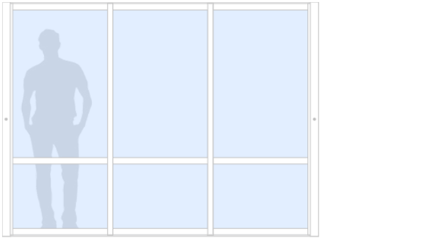 Schematisk bild av Vår/Höst M70 måttanpassat glasparti, skjutparti med 3 skjutdörrar, 20 mm isolerglas, 2-glas härdat energiglas/argon, vit, spröjs, bredd 2400 mm, höjd 2000 mm, integrerade handtag - insida & utsida - Mekoflex Uterum