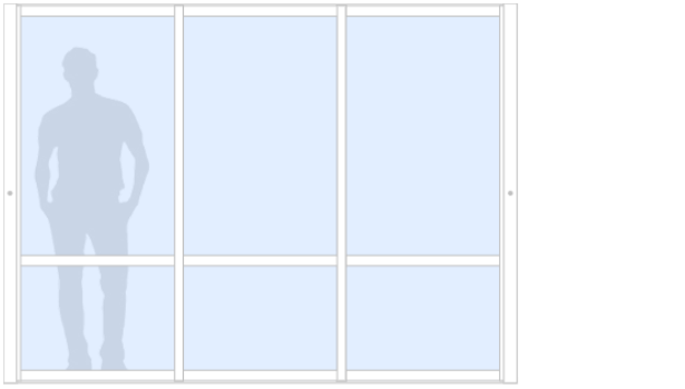 Schematisk bild för Vår/Höst M70 måttanpassat glasparti, skjutparti med 3 skjutdörrar med spröjs, 20 mm isolerglas, 2-glas härdat glas/argon, vit, bredd 2700 mm, höjd 2000 mm, integrerade handtag - insida & utsida | Mekoflex Uterum