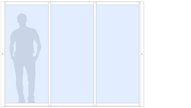 Schematisk bild av Sommar M45 glasparti, skjutparti med 3 skjutdörrar, härdat glas, vit, bredd 2700 mm, höjd 2000 mm, integrerade handtag - insida & utsida - Mekoflex Uterum