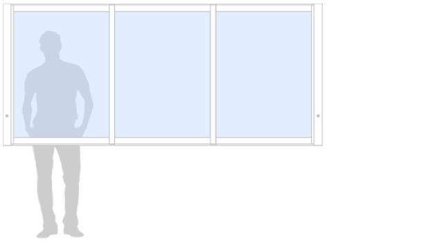 Schematisk bild för Sommar M50 måttanpassat glasparti, skjutparti med 3 skjutfönster, härdat glas, vit, bredd 2700 mm, höjd 1200 mm, integrerade handtag - insida & utsida | Mekoflex Uterum