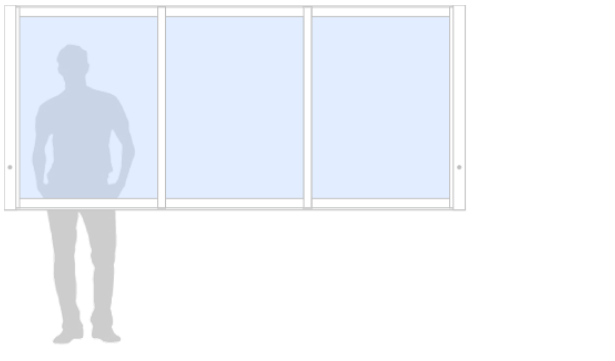 Schematisk bild för Vår/Höst M70 måttanpassat glasparti, skjutparti med 3 skjutfönster, 20 mm isolerglas, 2-glas härdat energiglas/argon, vit, bredd 2700 mm, höjd 1200 mm, integrerade handtag - insida & utsida | Mekoflex Uterum