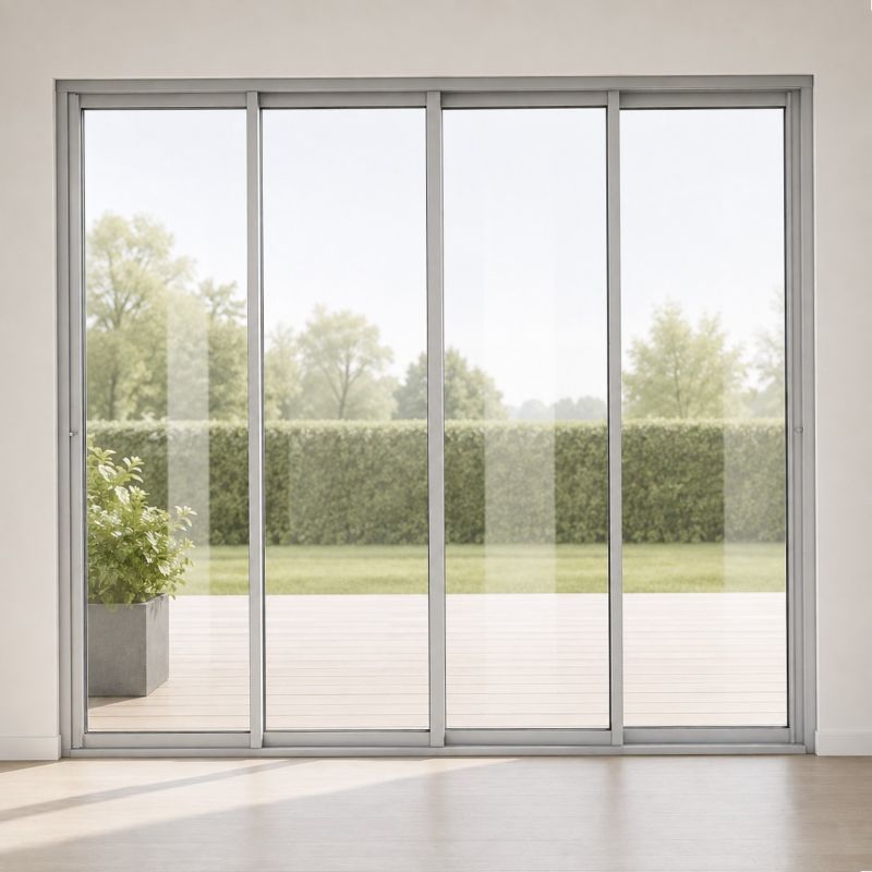 Schematisk bild för Sommar M50 måttanpassat glasparti, skjutparti med 4 skjutdörrar, härdat glas, vit, bredd 3600 mm, höjd 2000 mm, integrerade handtag - insida & utsida | Mekoflex Uterum
