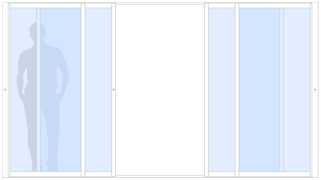 Schematisk bild av Vår/Höst M70 måttanpassat glasparti, skjutparti med 4 skjutdörrar, 20 mm isolerglas, 2-glas härdat glas/argon, mötesparti, vit, bredd 4000 mm, höjd 2000 mm, integrerade handtag - insida & utsida - Mekoflex Uterum