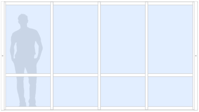 Schematisk bild för Sommar M50 måttanpassat glasparti, skjutparti med 4 skjutdörrar med spröjs, härdat glas, vit, bredd 3500 mm, höjd 2000 mm, integrerade handtag - insida & utsida | Mekoflex Uterum