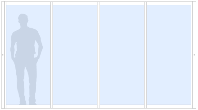 Schematisk bild för Vår/Höst M70 måttanpassat glasparti, skjutparti med 4 skjutdörrar, 20 mm isolerglas, 2-glas härdat energiglas/argon, vit, bredd 3600 mm, höjd 2000 mm, integrerade handtag - insida & utsida, nyckellås | Mekoflex Uterum