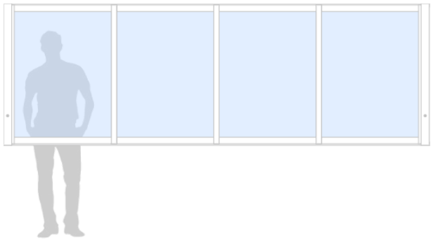 Schematisk bild för Vår/Höst M70 måttanpassat glasparti, skjutparti med 4 skjutfönster, 20 mm isolerglas, 2-glas härdat energiglas/argon, vit, bredd 3600 mm, höjd 1200 mm, integrerade handtag - insida & utsida | Mekoflex Uterum