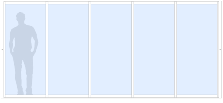 Schematisk bild för Panorama M20 glasparti, skjutparti med 5 skjutdörrar, 10 mm härdat glas, vit, bredd 4000 mm, höjd 2000 mm, skålhandtag - insida & utsida, låsvred insida | Mekoflex Uterum