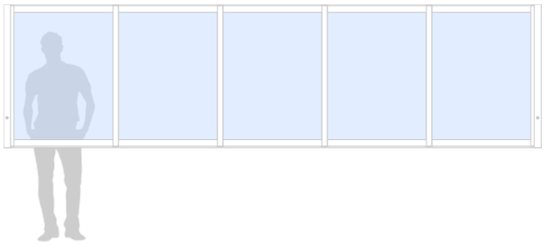 Schematisk bild för Panorama M20 glasparti, skjutparti med 5 skjutfönster, 10 mm härdat glas, vit, bredd 4500 mm, höjd 1200 mm, skålhandtag - insida & utsida, låsvred insida | Mekoflex Uterum