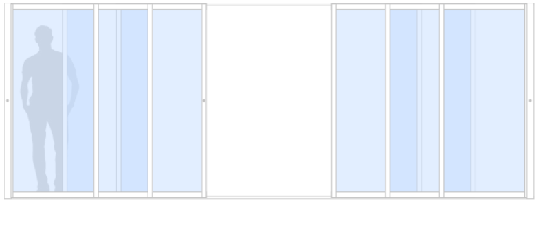 Schematisk bild för Vår/Höst M70 måttanpassat glasparti, skjutparti med 6 skjutdörrar, 20 mm isolerglas, 2-glas härdat energiglas/argon, mötesparti, vit, bredd 5400 mm, höjd 2000 mm, integrerade handtag - insida & utsida | Mekoflex Uterum