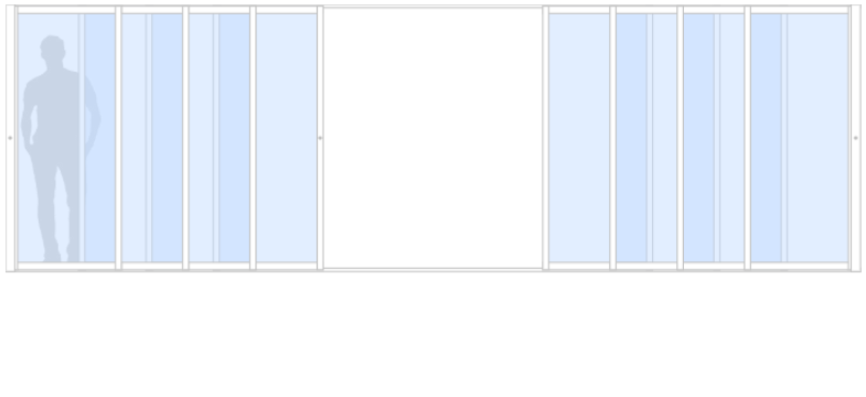 Schematisk bild av Vår/Höst M70 måttanpassat glasparti, skjutparti med 8 skjutdörrar, 20 mm isolerglas, 2-glas härdat glas/argon, mötesparti, vit, bredd 4000 mm, höjd 2000 mm, integrerade handtag - insida & utsida - Mekoflex Uterum