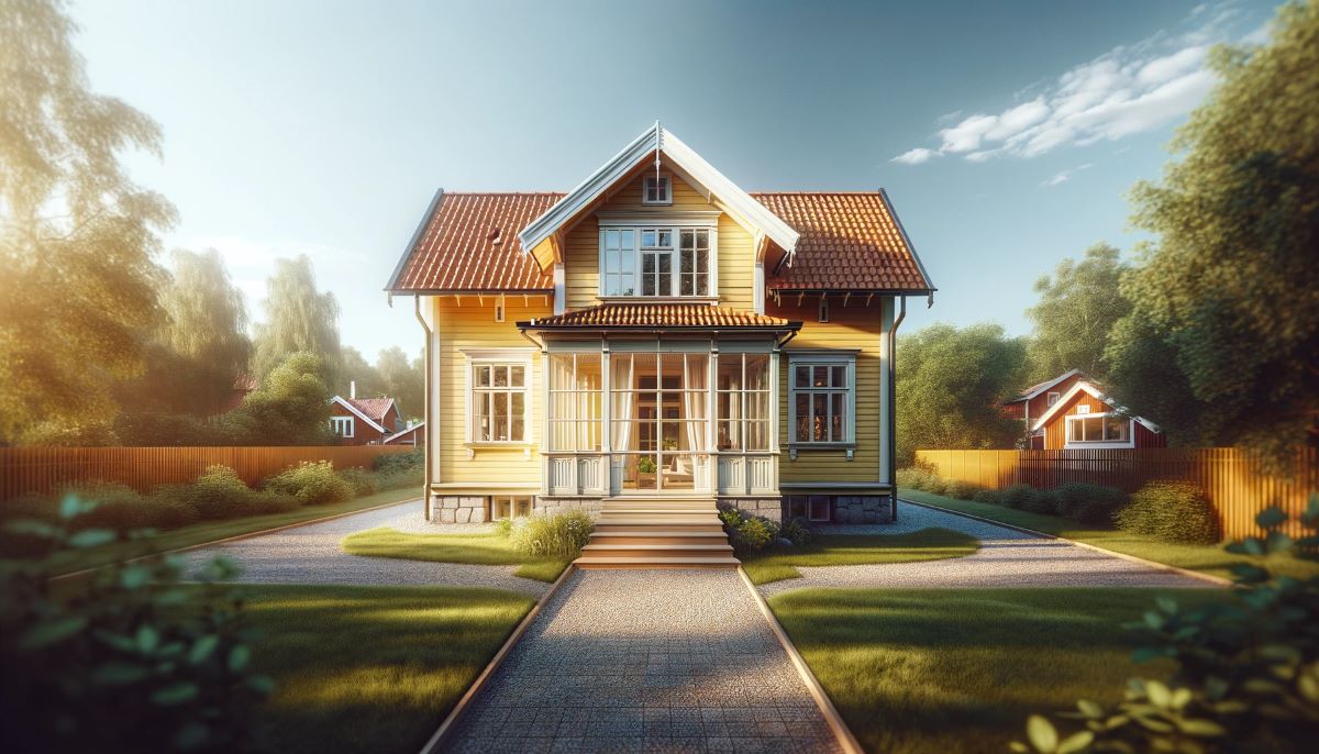 Inglasad farstukvist med spröjsade fönsterpartier, tillhörande ett traditionellt svenskt trähus målat i varmgul nyans med vita knutar och omgivet av en grönskande trädgård.