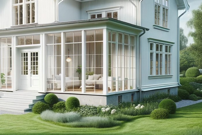 Inglasad veranda med höga fönsterpartier med mellanglasspröjs. | Mekoflex Uterum