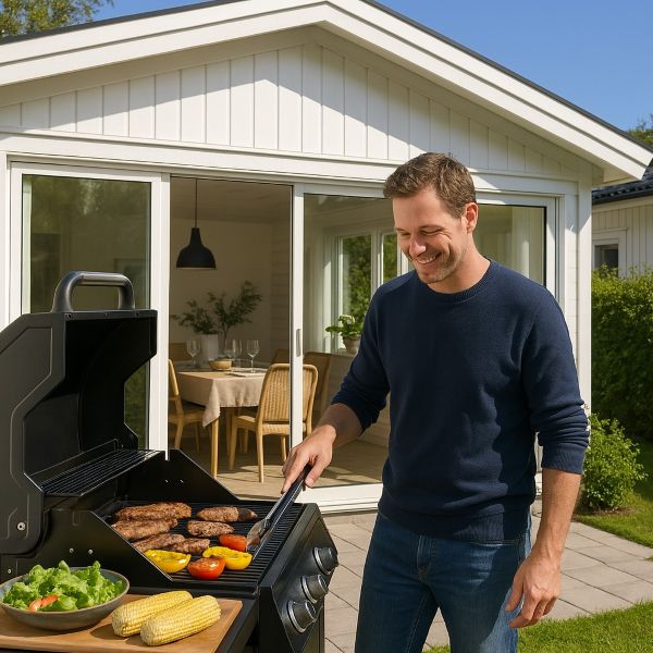 En man i mörkblå tröja står utomhus och förbereder mat på en modern grill, framför ett vitt uterum med stora skjutdörrar som leder till en inbjudande matplats inomhus, allt under en klarblå himmel. | Mekoflex