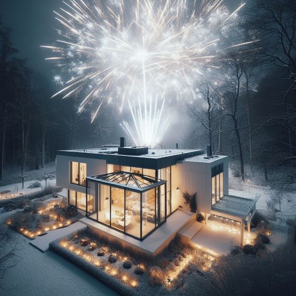 Briljanta nyårsfyrverkerier som lyser upp en snöklädd trädgård och ett hus med ett modernt uterum i Sverige. Fyrverkeriernas ljus reflekteras i den glittrande snön. | Mekoflex