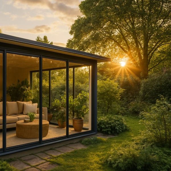 Ett modernt och mysigt uterum med stora glaspartier, beläget i en lummig trädgård under sensommarhimlen, med låg sol som skapar en varm och välkomnande atmosfär. | Mekoflex