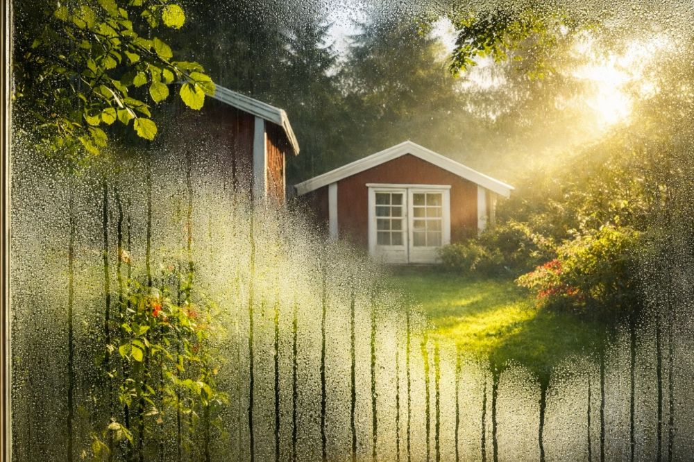Kondens och imma på glas med vy av en solbelyst trädgård och röda hus utanför. | Mekoflex Uterum