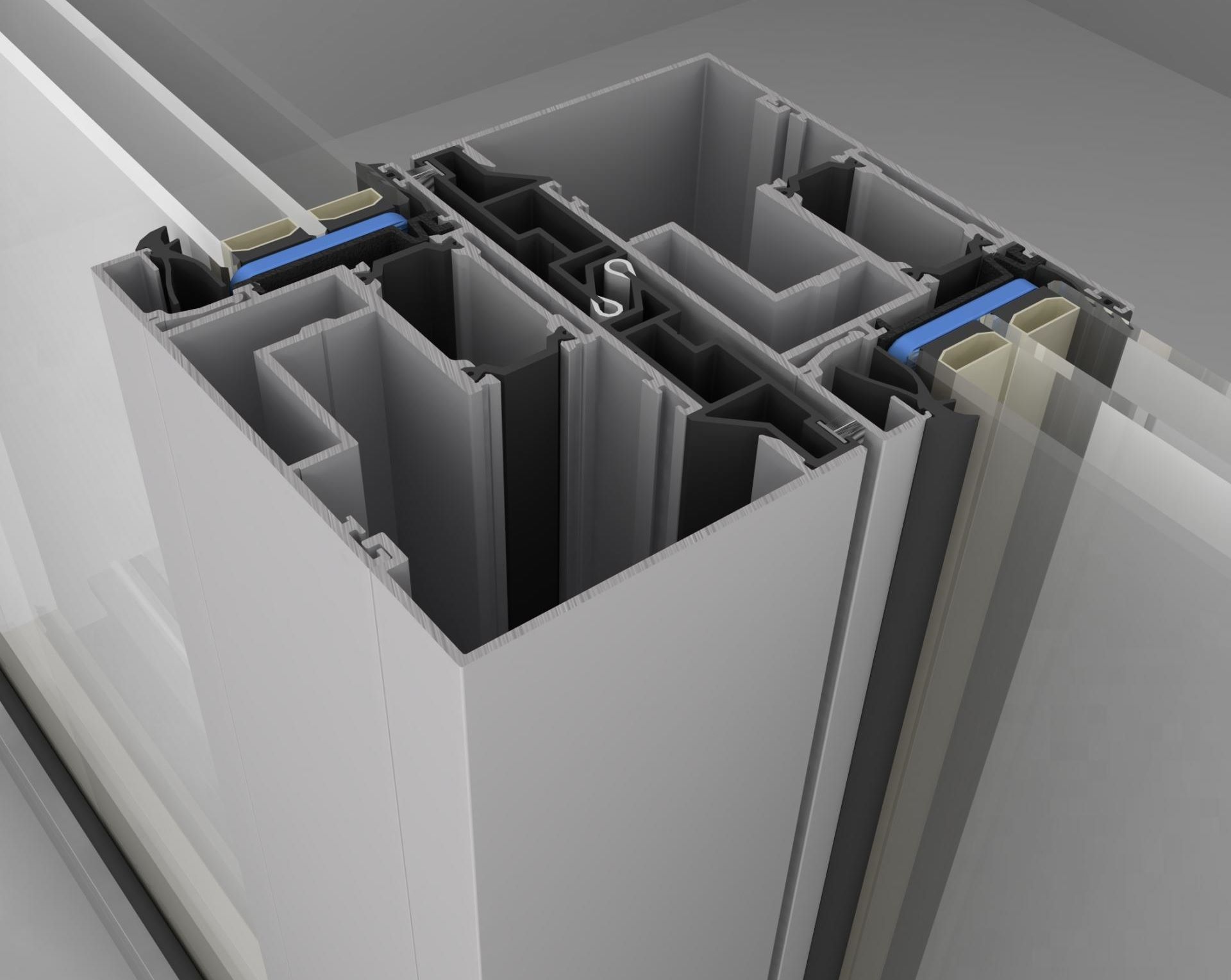 Genomskärning av Fasad M100 glasparti med 3-glas och bruten köldbrygga | Mekoflex Uterum