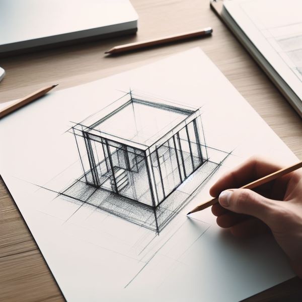 Hand håller i en penna och skisserar en enkel design av en byggnad med glaspartier på papper. | Mekoflex Uterum