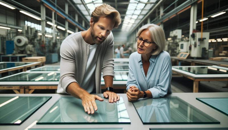 En man förklarar skillnaden på härdat glas och energiglas för en kvinna i ett ljust fabrikskontor. | Mekoflex Uterum